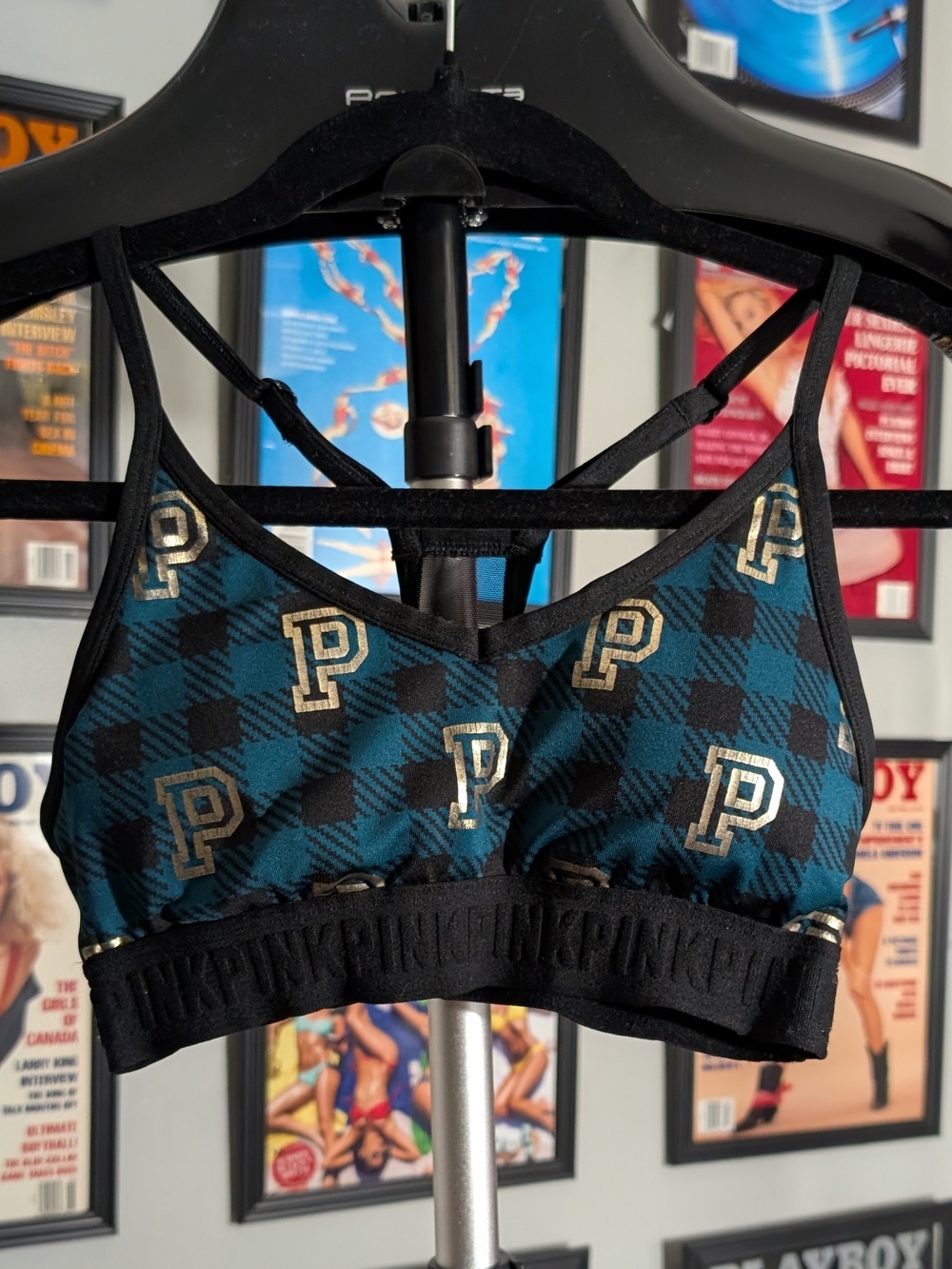 PINK Victoria's Secret Teal Plaid Gold-Logo Bralette
